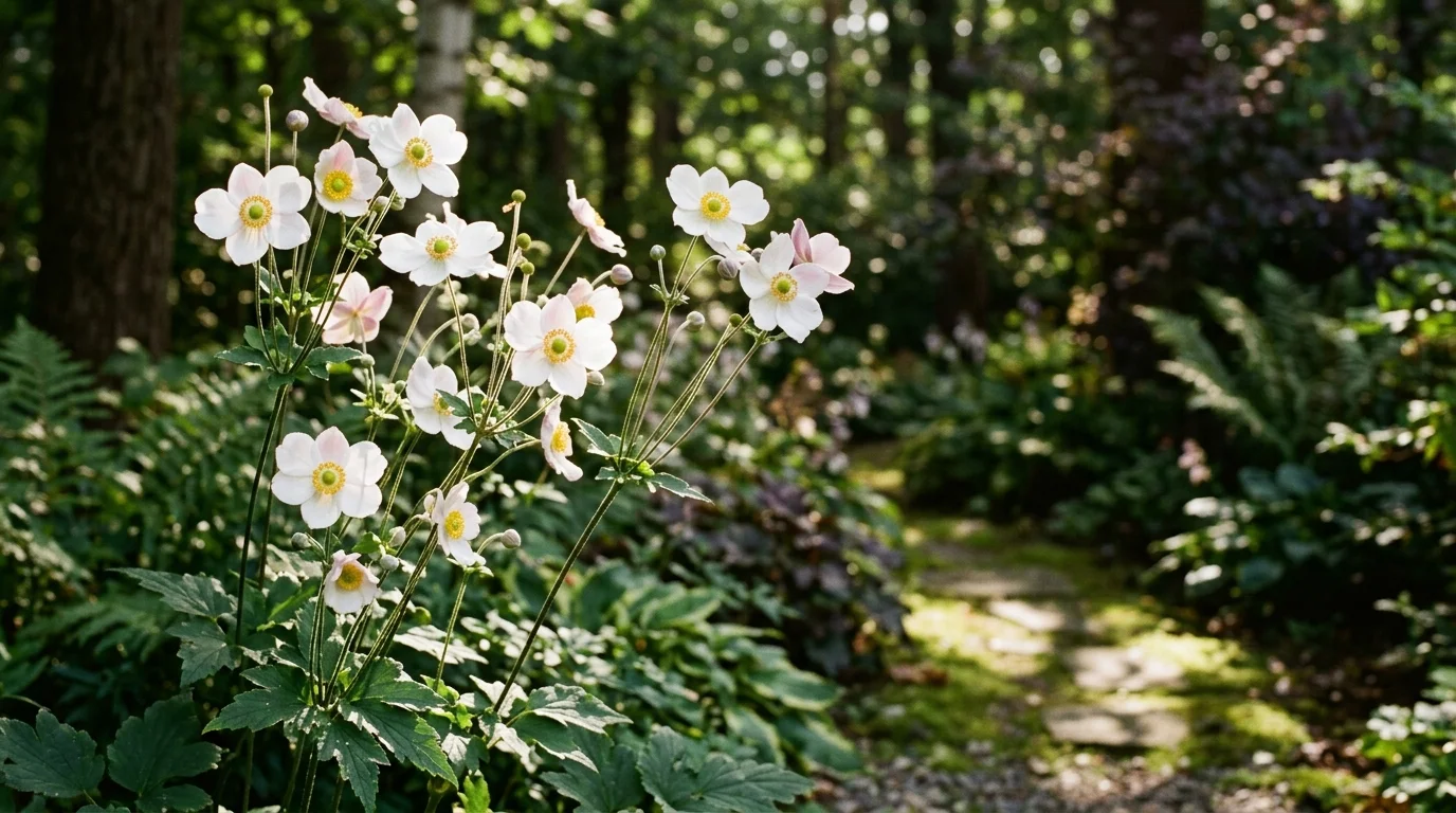 White Japanese anemone flowers blooming on tall, slender stems beside a stone garden path in a shaded woodland setting.
