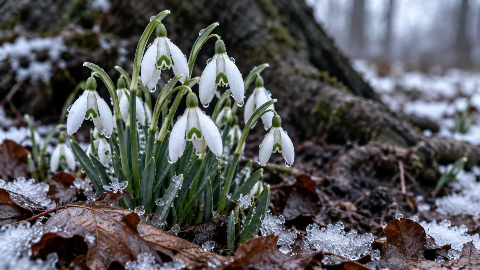 White snowdrop flowers with green stems blooming through wet fallen leaves and melting snow at the base of a tree.