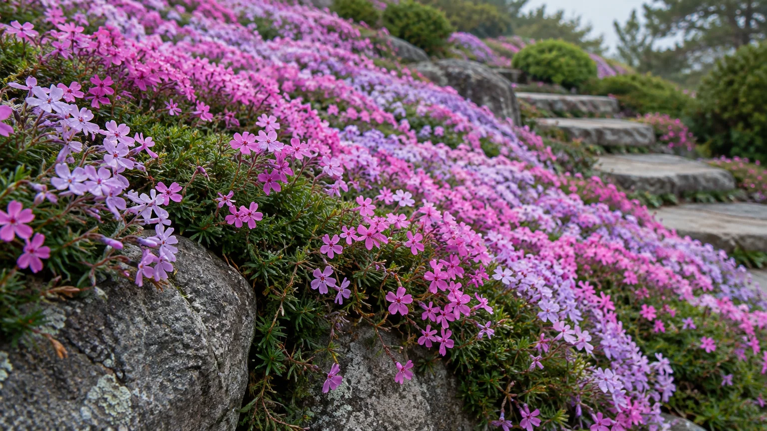 Vibrant pink and lavender creeping phlox blossoms cascade over large grey rocks alongside stone garden steps.