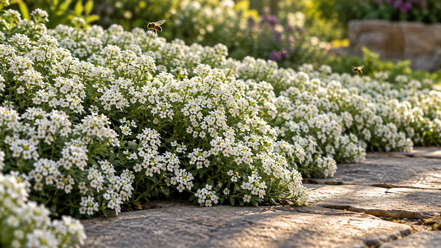 Dense patch of tiny white sweet alyssum flowers spreading along a stone garden path with bees flying nearby.