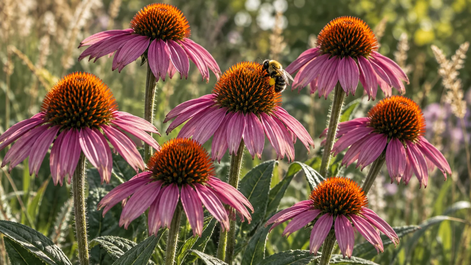 Purple coneflowers with spiky orange centers blooming closely together in a field, with a bee on the central flower.