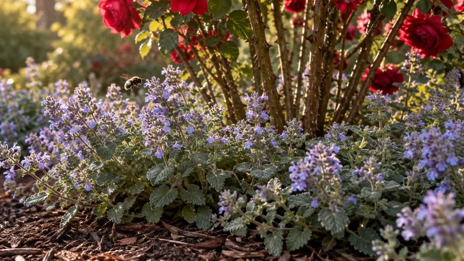 Low-growing purple catmint flowers bloom beneath thorny red rose bushes on wood mulch, with a bee flying nearby.