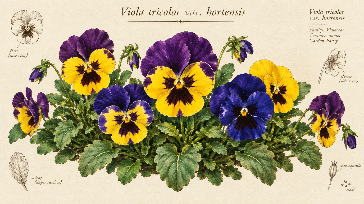 Botanical illustration of yellow and purple garden pansies with detailed diagrams of petals, leaves, and seed capsules.