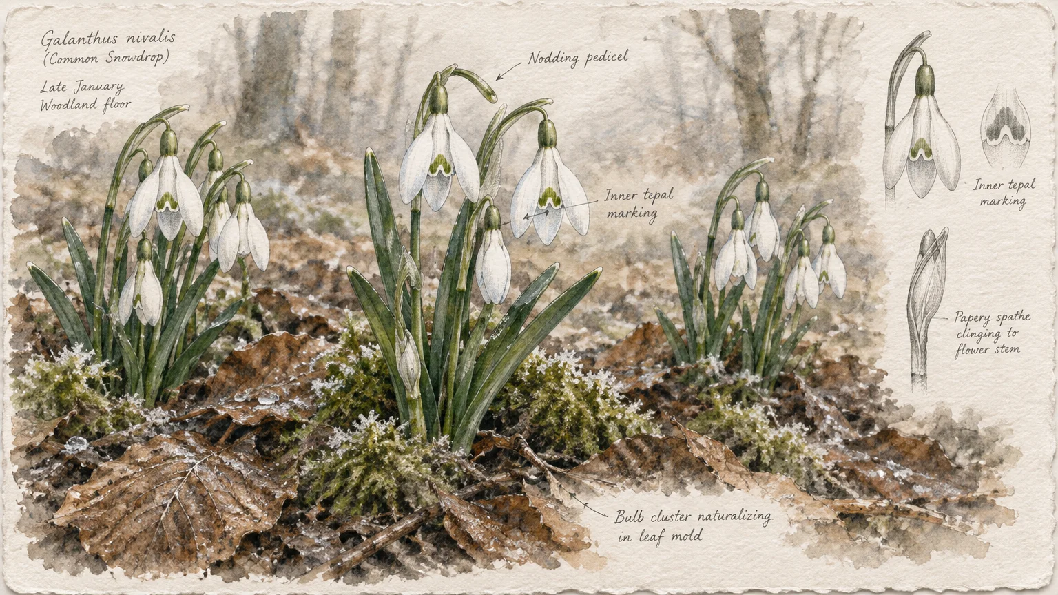 Botanical watercolor illustration of snowdrops growing among frosty leaves on a woodland floor, with botanical labels.