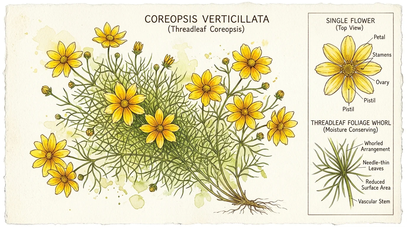 Botanical illustration of yellow threadleaf coreopsis plant with labeled diagrams of a single flower and foliage whorl.