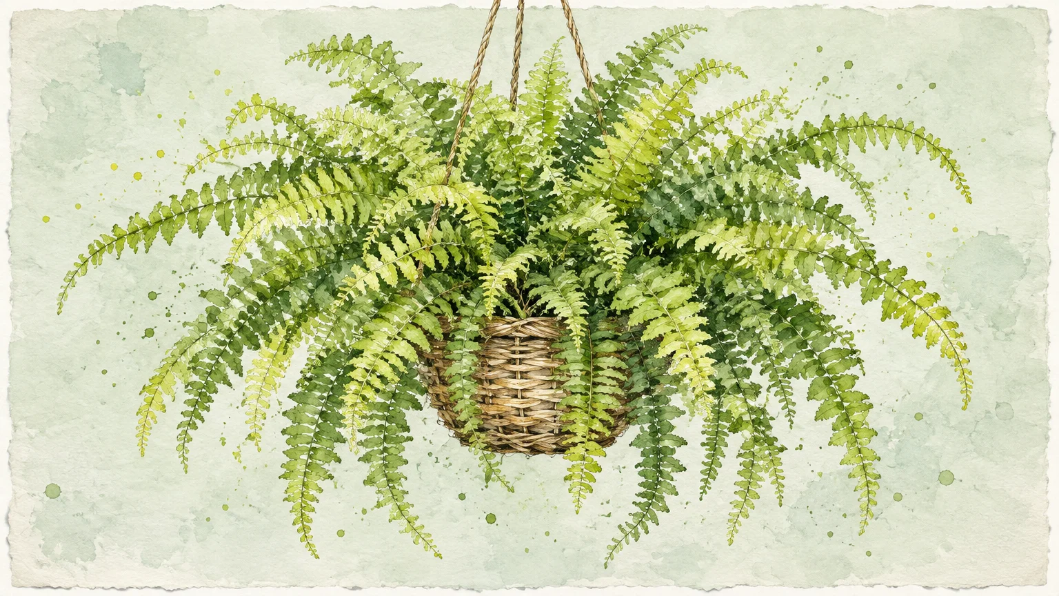 Watercolor illustration of a lush green Boston fern growing in a woven hanging basket against a pale green background.