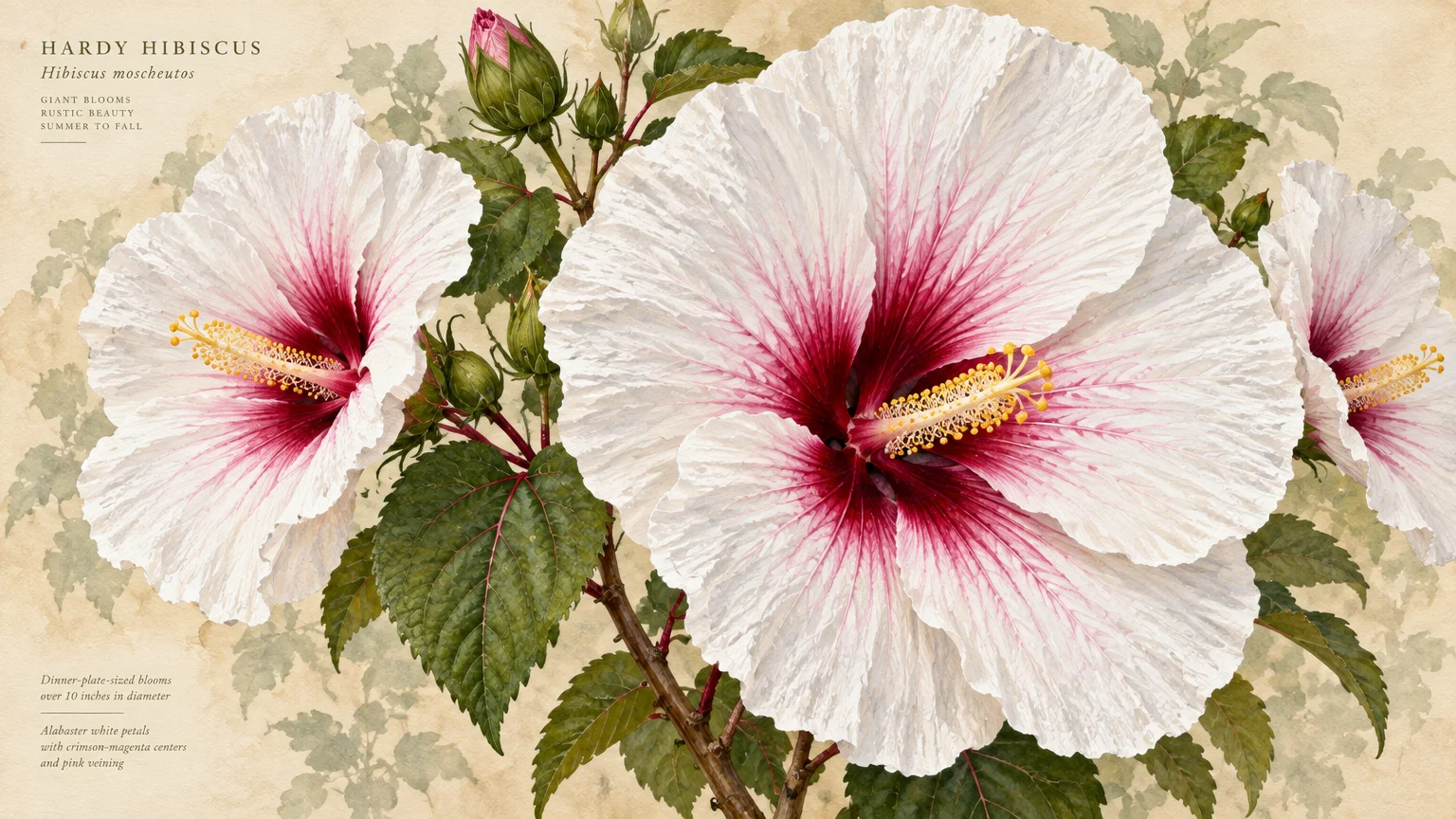 Illustration of large white hardy hibiscus flowers with deep crimson centers, textured petals, and green leaves.