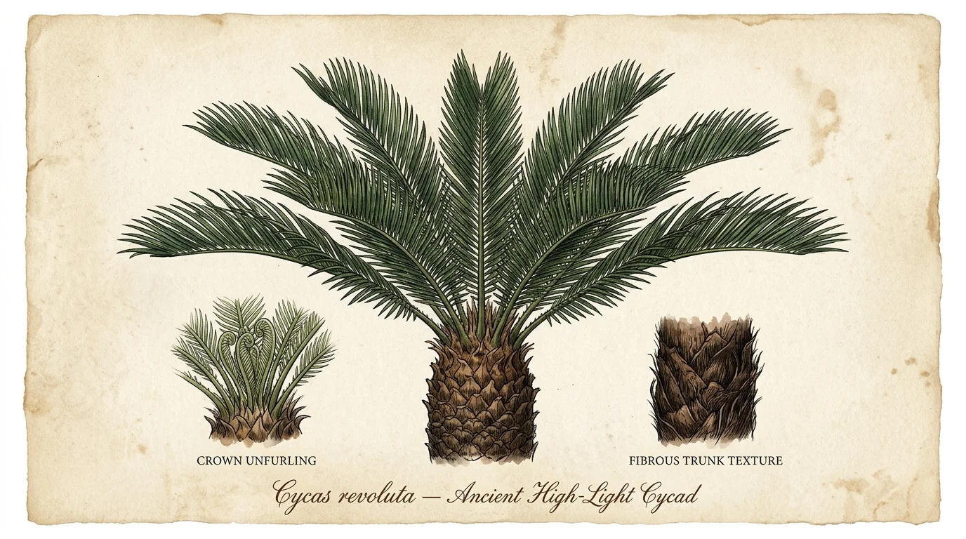 Botanical illustration of a Cycas revoluta with details of an unfurling crown and fibrous trunk texture on parchment.