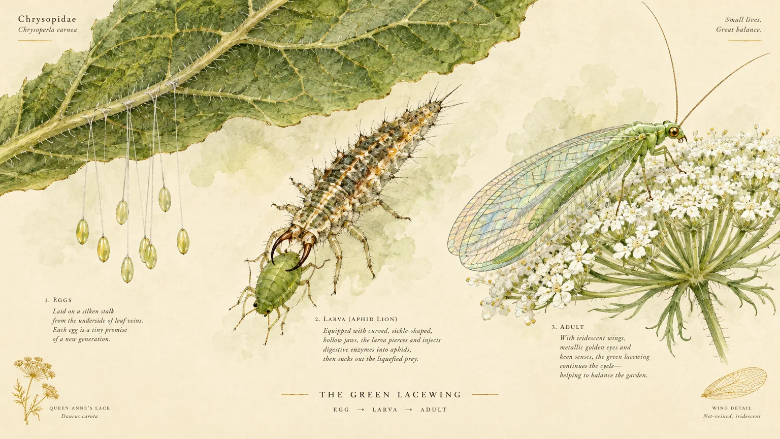 Scientific botanical illustration of green lacewing life stages: eggs on silken stalks, larva eating an aphid, and adult.