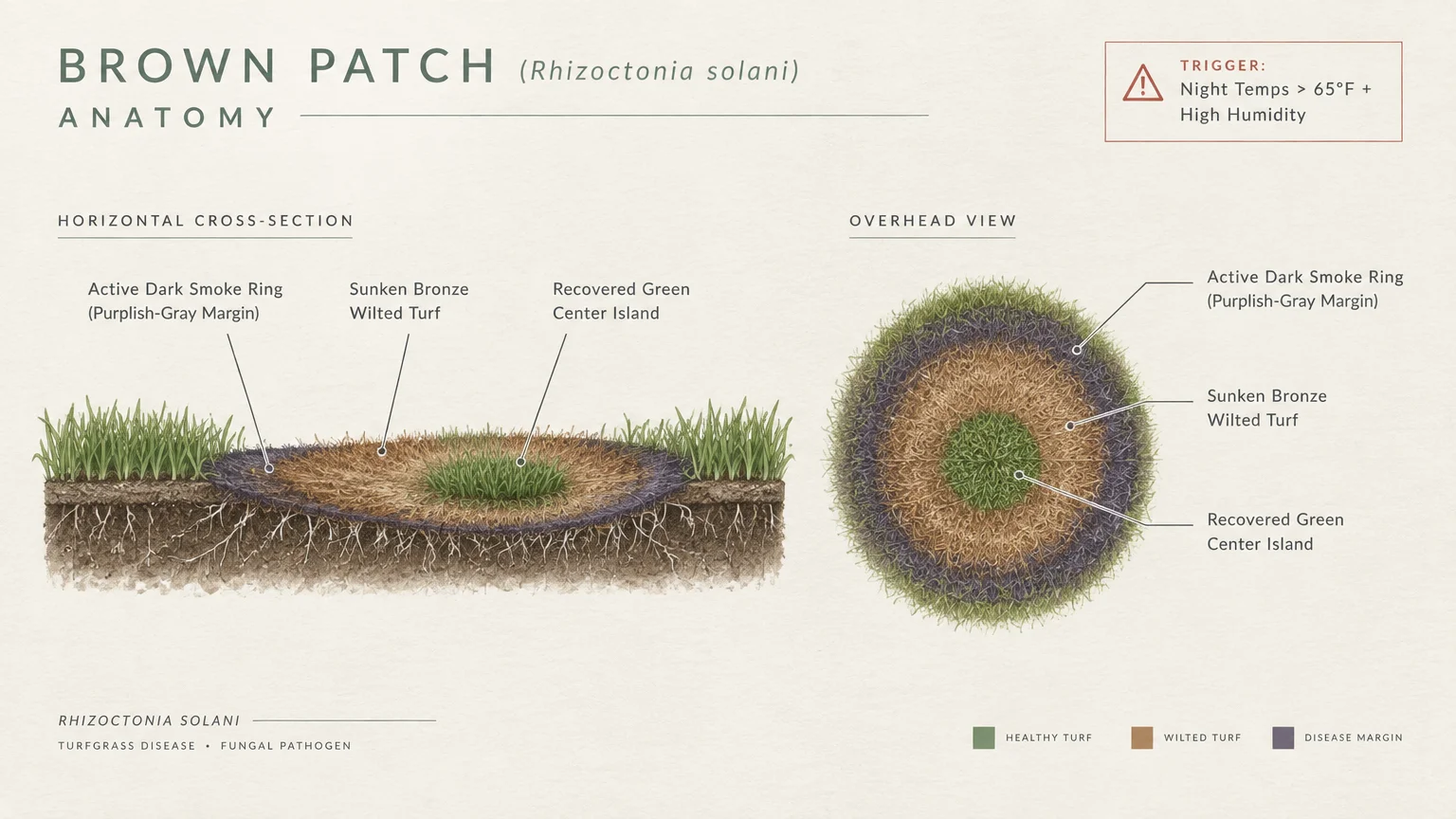 Cross-section and overhead diagram of a brown patch fungal infection on turf, showing outer smoke rings and center grass.