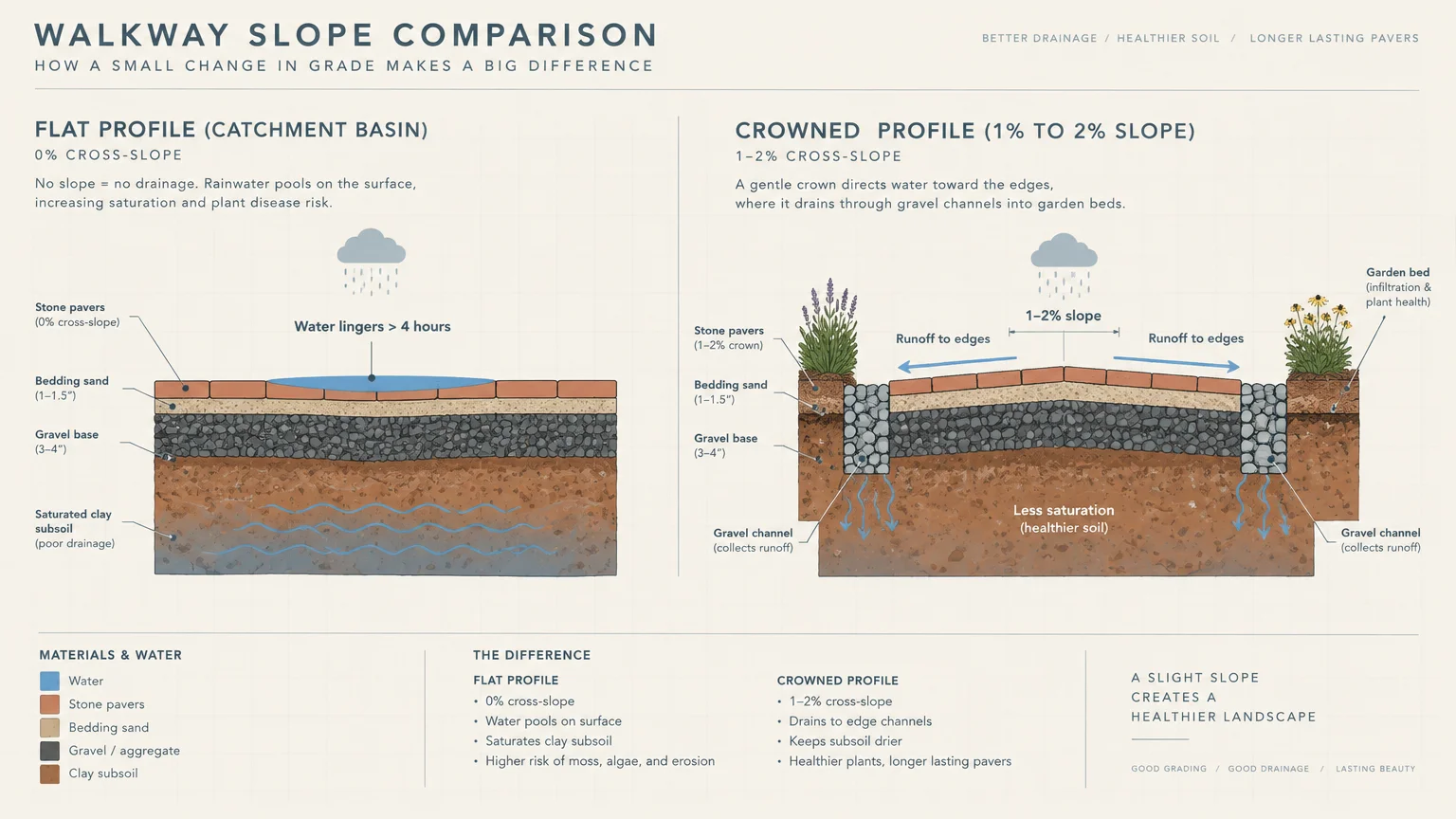 Diagram comparing a flat walkway profile showing pooled rainwater with a crowned walkway profile directing runoff into gravel.