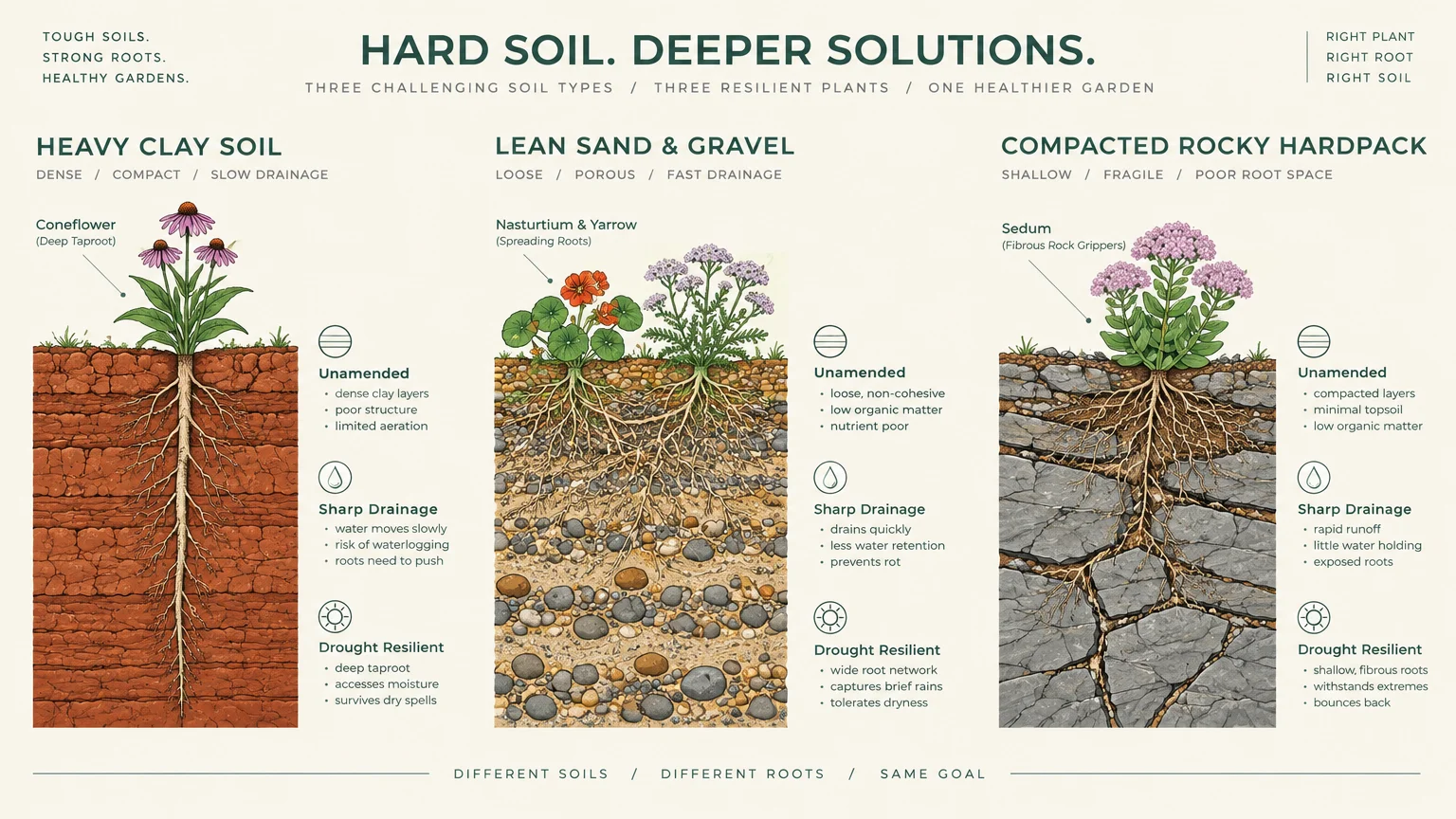 Diagram showing root structures of coneflower, nasturtium, yarrow, and sedum in clay, sand and gravel, and rocky hardpack.