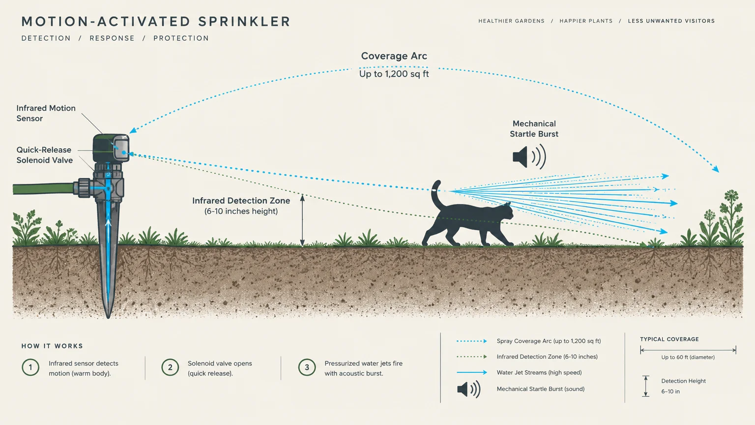 Diagram of a motion-activated sprinkler detecting a cat walking across a lawn and firing a burst of water.