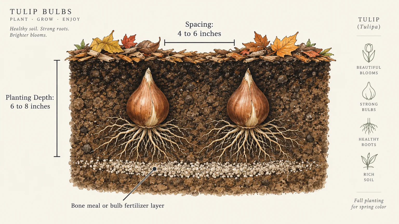 Diagram of two tulip bulbs in soil showing a planting depth of 6 to 8 inches and spacing of 4 to 6 inches.