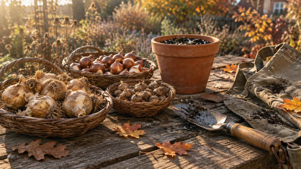 Flower bulbs in woven baskets alongside a terra cotta pot, trowel, and gardening apron on a rustic wooden table outdoors.