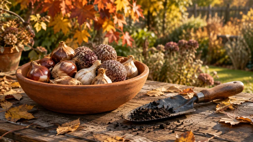 Bowl of flower bulbs and a garden trowel covered in soil resting on a rustic wooden table with fall foliage.