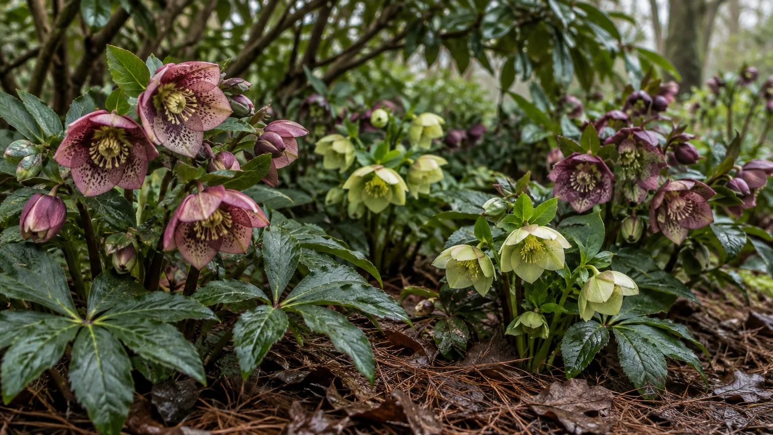 Clumps of pink speckled and pale green hellebore flowers blooming among dark evergreen foliage and brown pine needles.