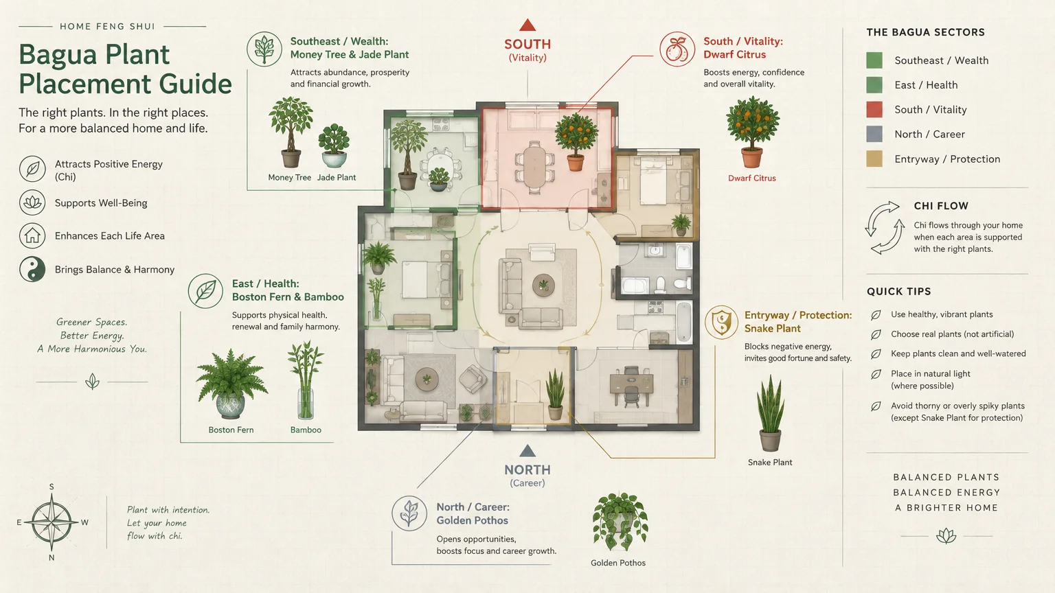 Bagua plant placement guide floor plan showing recommended indoor plants for home sectors like Wealth, Health, and Vitality.