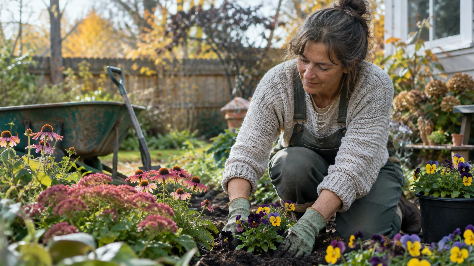 A woman kneeling in an autumn garden planting purple and yellow pansies into rich soil near pink coneflowers.