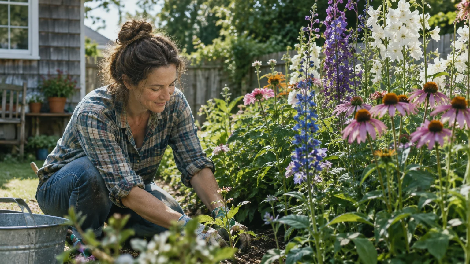 A smiling woman kneeling in a backyard garden bed tending to soil beside tall purple delphiniums and pink coneflowers.