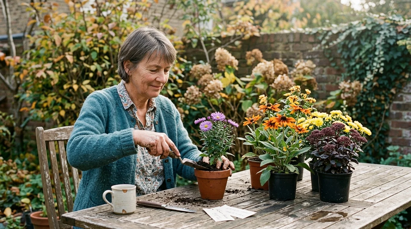 Woman sitting at a wooden garden table potting purple flowers in a terracotta container surrounded by potted plants.