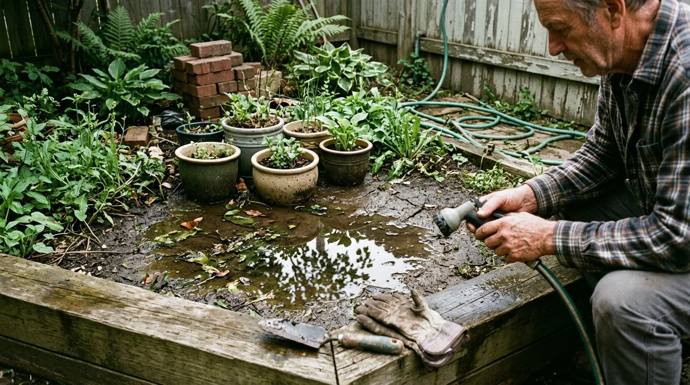 A man holds a hose nozzle while crouching beside a muddy garden bed filled with standing water and potted plants.