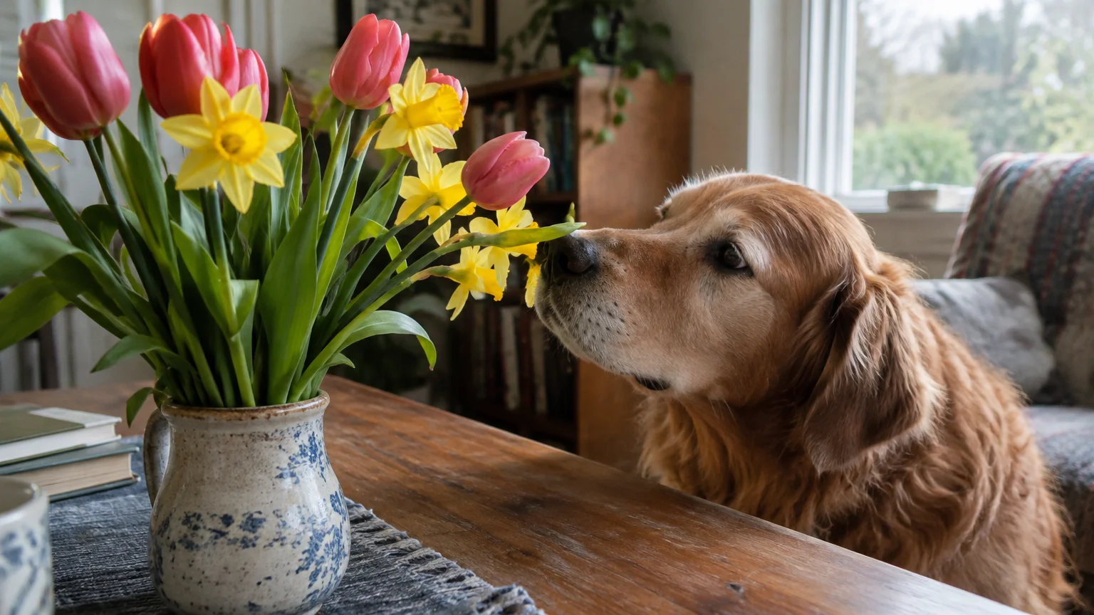 Golden retriever sniffing a vase of pink tulips and yellow daffodils on a wooden table.