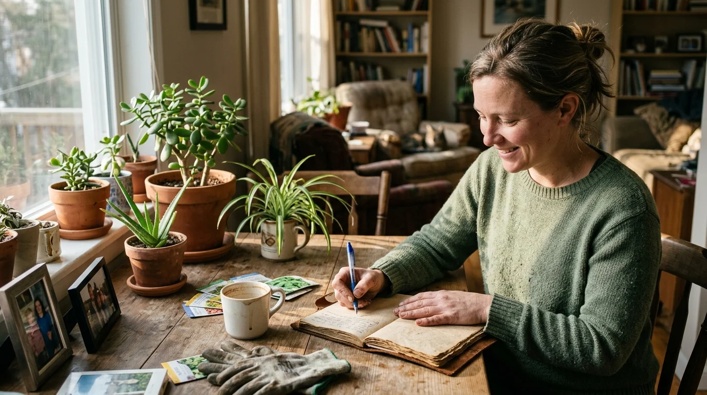 A smiling woman writes in a notebook at a sunny wooden table lined with potted houseplants and seed packets.
