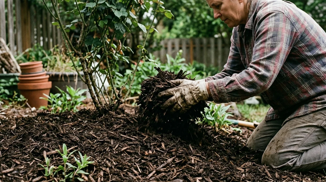 A person in a plaid shirt and gloves kneels in a garden bed, spreading a pile of dark wood chip mulch.