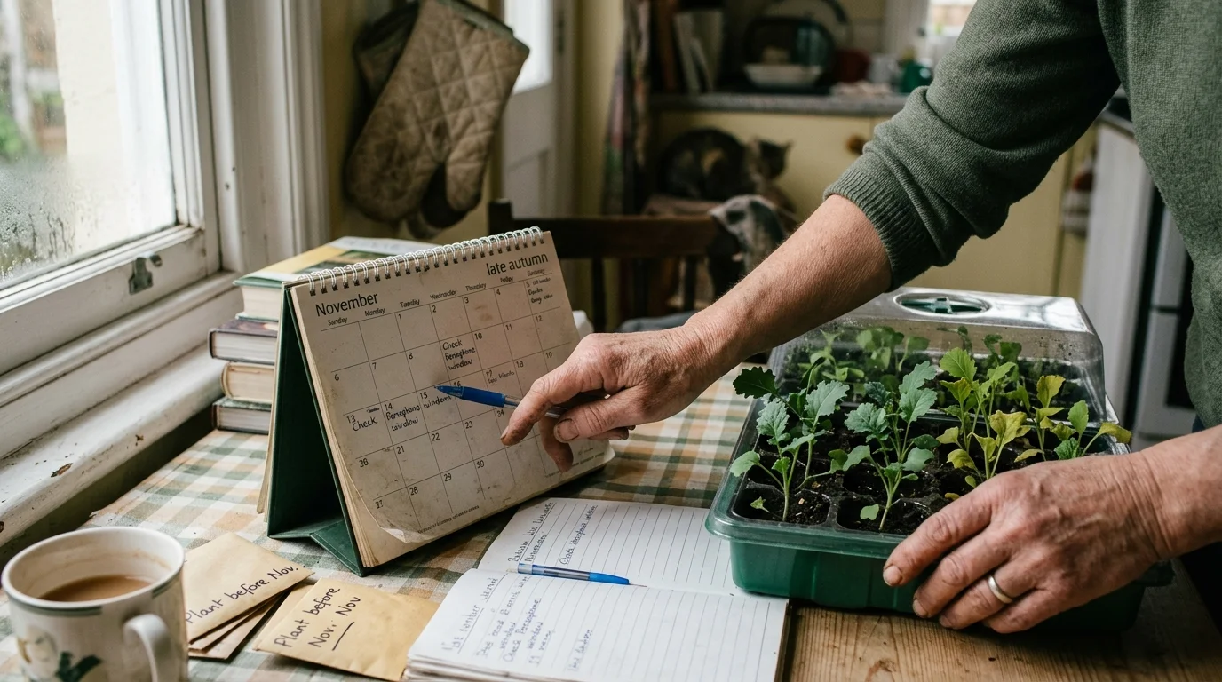 A gardener points a pen at a November desk calendar beside seedling trays, notebooks, and seed packets by a window.