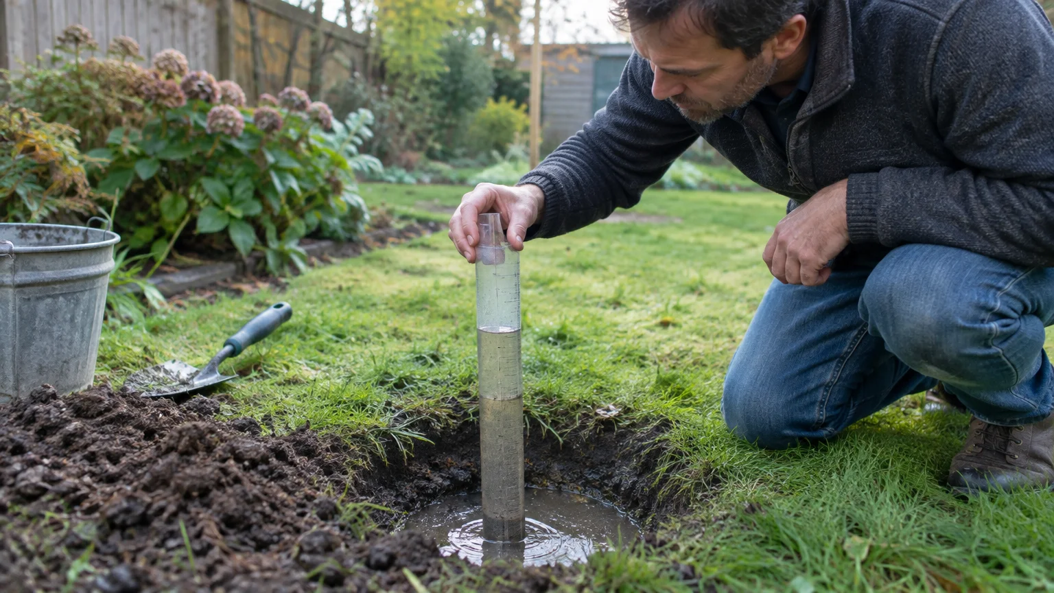 Man kneeling on a lawn measuring water drainage in a dug hole with a clear graduated cylinder.