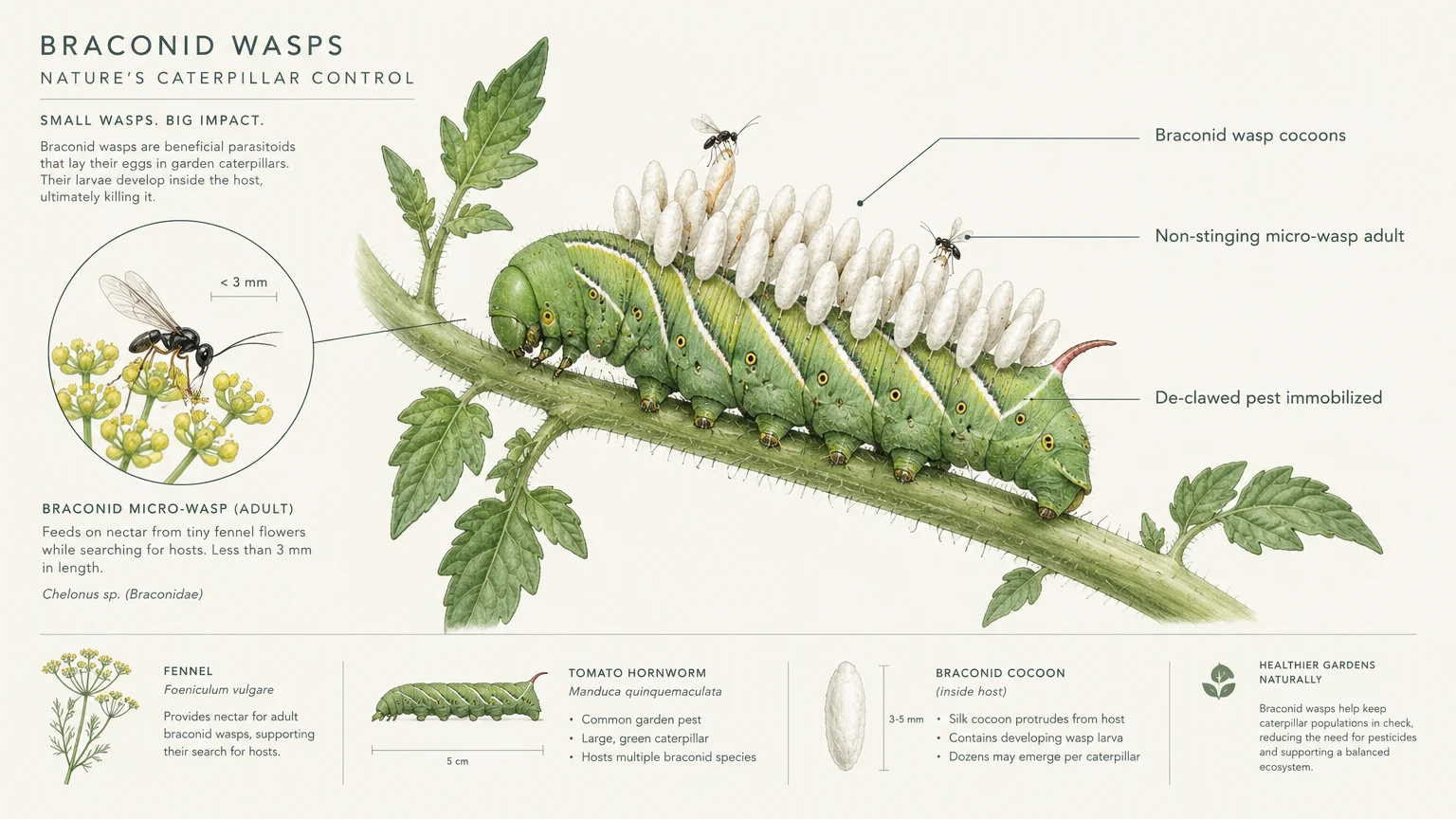 Diagram of a tomato hornworm covered in white braconid wasp cocoons on a plant stem, with anatomical callouts.