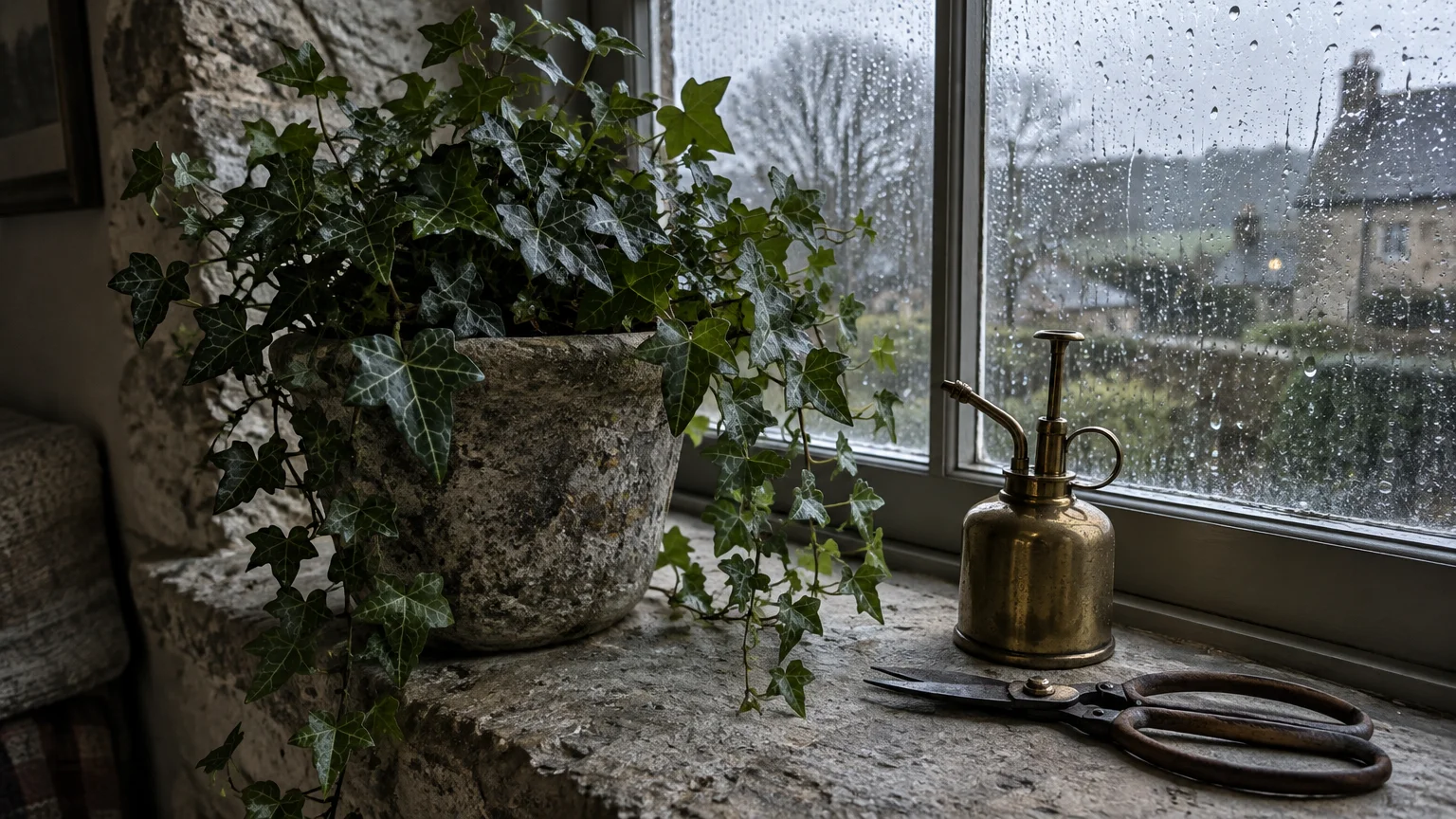 English ivy in a weathered stone pot sitting on a stone window sill beside a brass mister and vintage shears.