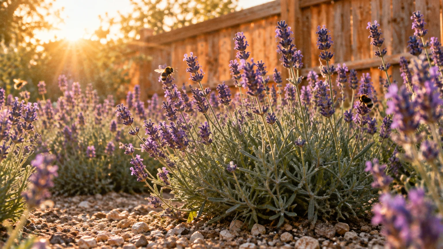 Blooming purple lavender bushes in gravelly garden soil under warm sunlight with bumblebees near a wooden fence.