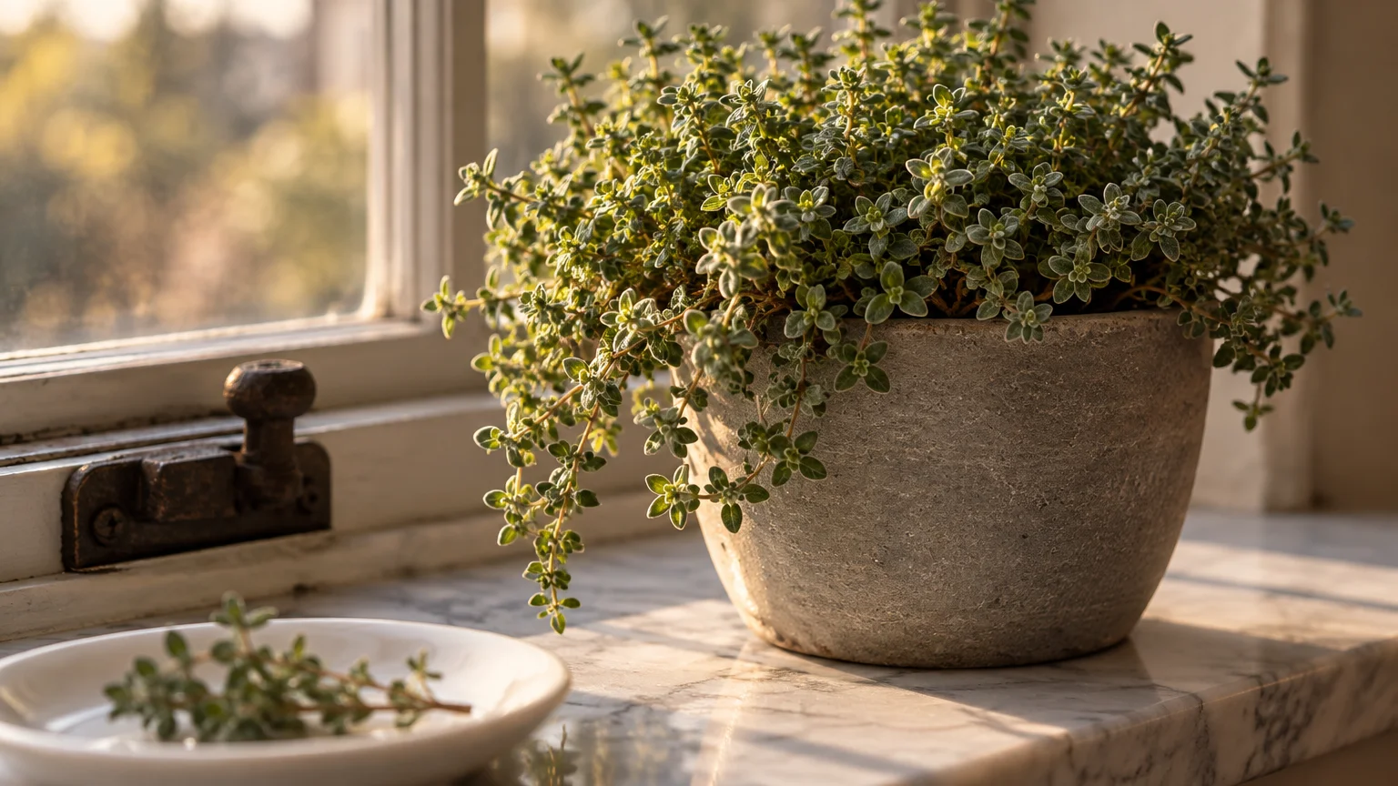 A potted thyme plant sits on a sunny marble windowsill beside a small dish containing freshly cut sprigs.
