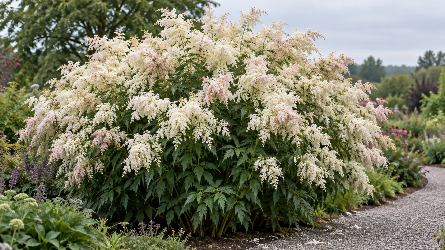 A large rounded bush with dense, creamy white and pale pink plumes growing beside a gravel garden pathway.