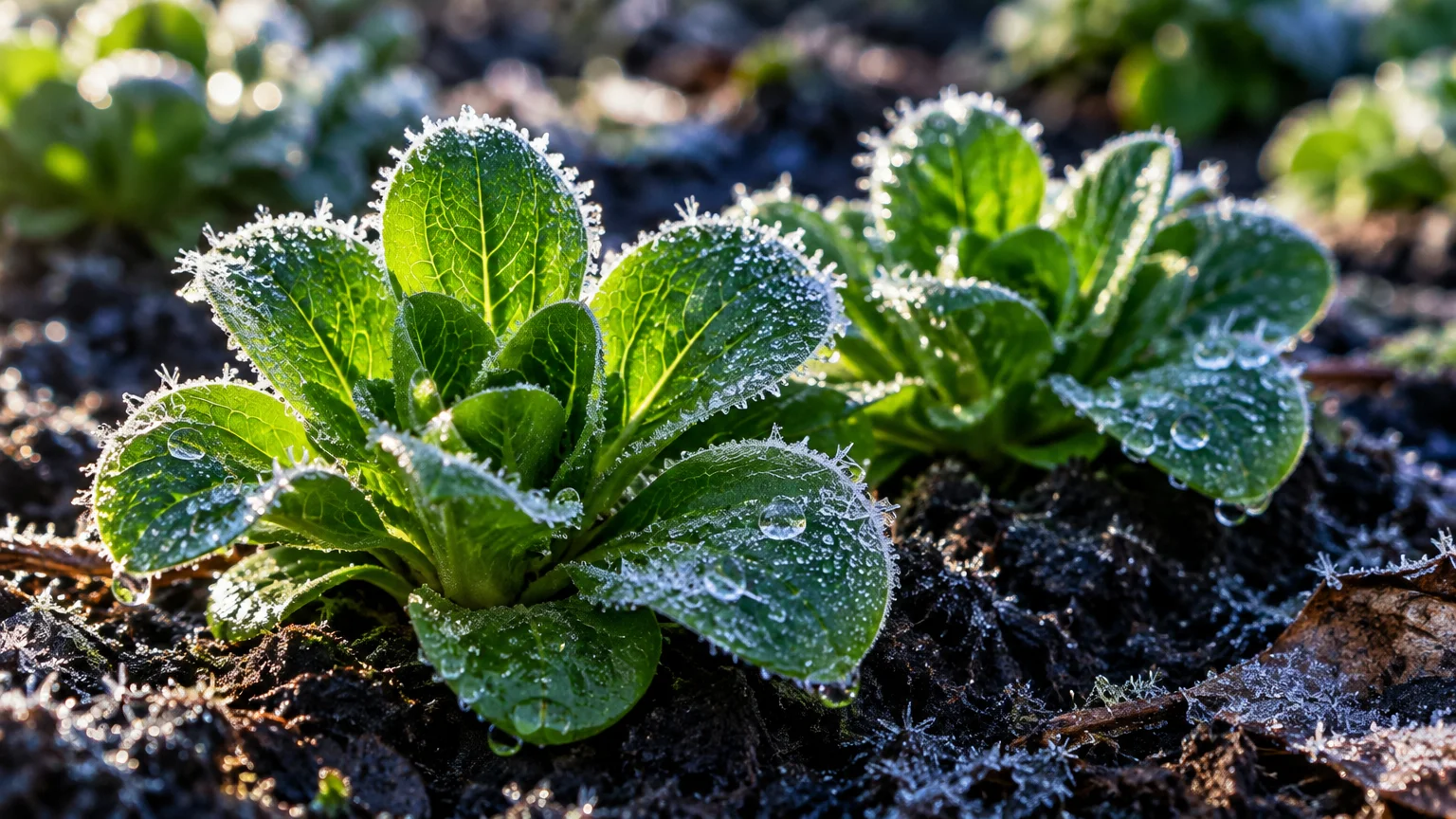 Frost crystals and water droplets coat the green leaves of mâche rosettes growing low in dark soil.