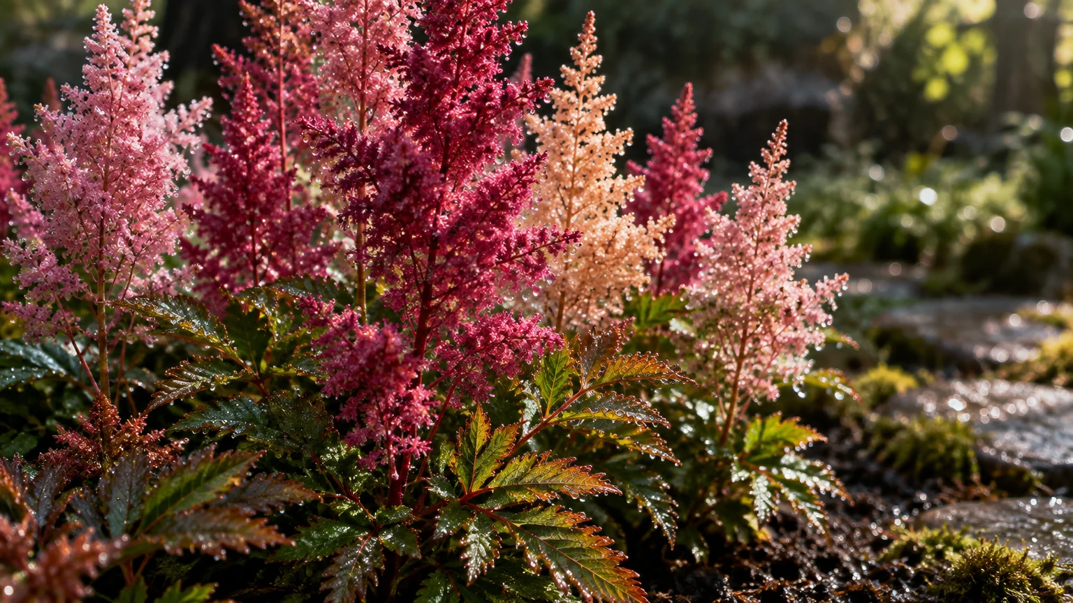 Clump of pink and red astilbe flower plumes with wet green foliage growing along a garden edge in soft morning light.