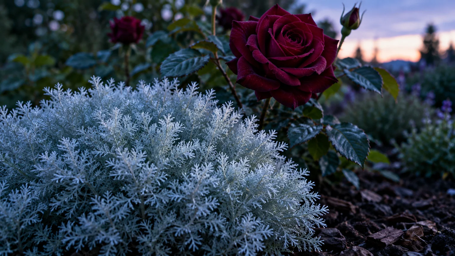 Pale silvery artemisia mound growing in mulch beside a dark crimson rose blossom in bloom at dusk.