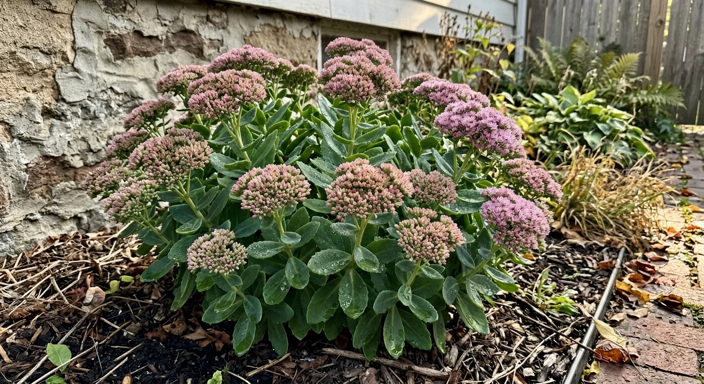 Autumn Joy stonecrop bush with rounded clusters of dusty pink flowers and green succulent leaves by a stone wall.