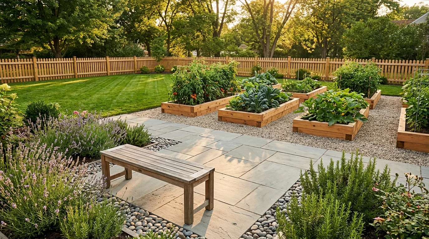 Stone patio with a wooden bench beside raised wooden vegetable beds, gravel paths, and a manicured lawn.