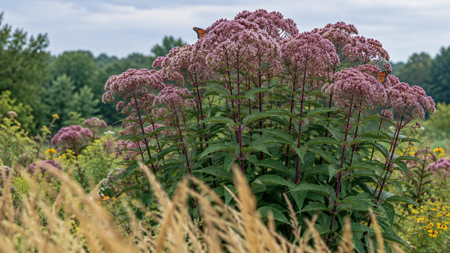 Tall mauve Joe Pye weed flower clusters on upright purple stems in a meadow with monarch butterflies.