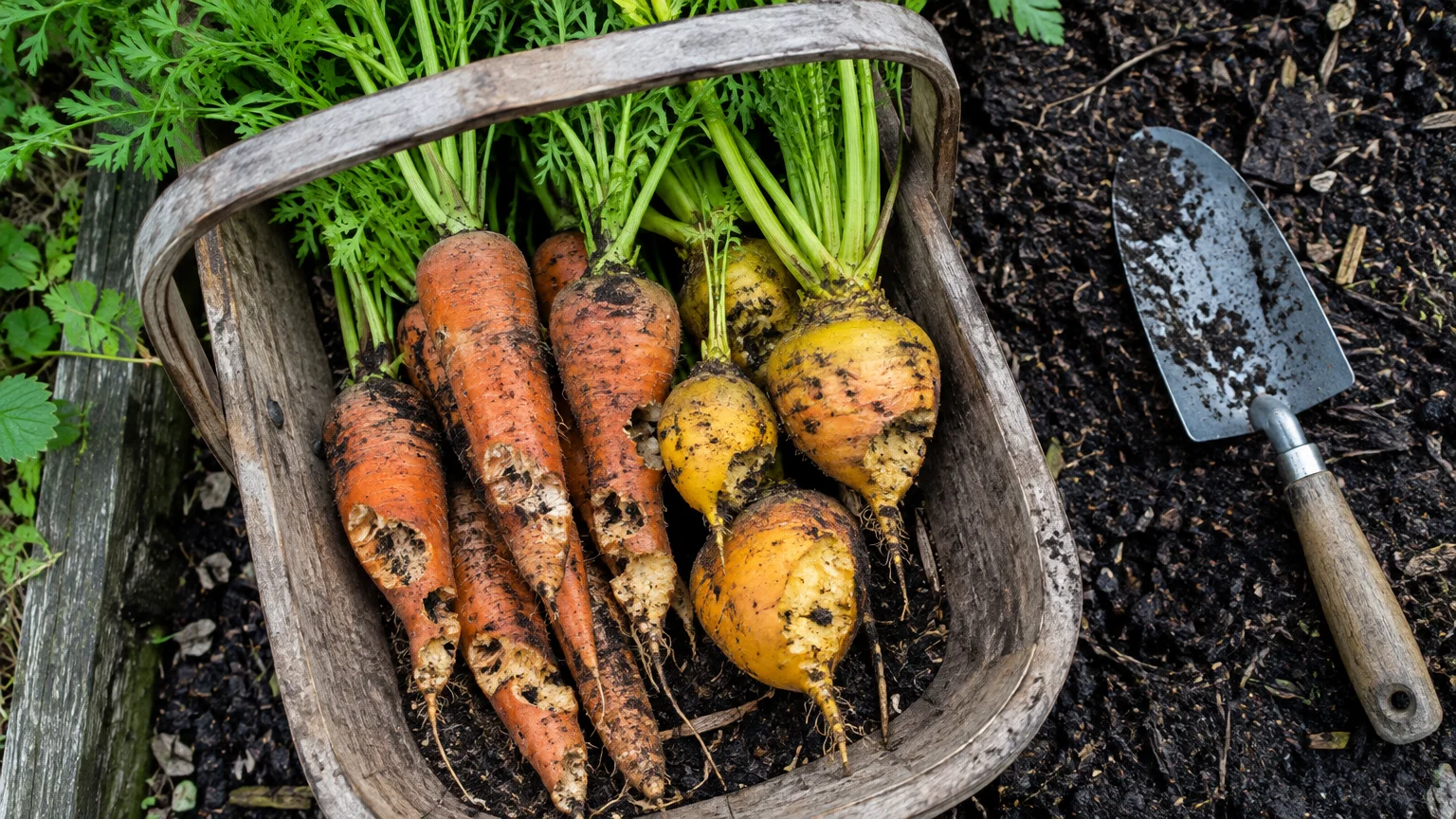Wooden basket of freshly harvested carrots and yellow beets with large rodent bite marks, resting near a garden trowel.