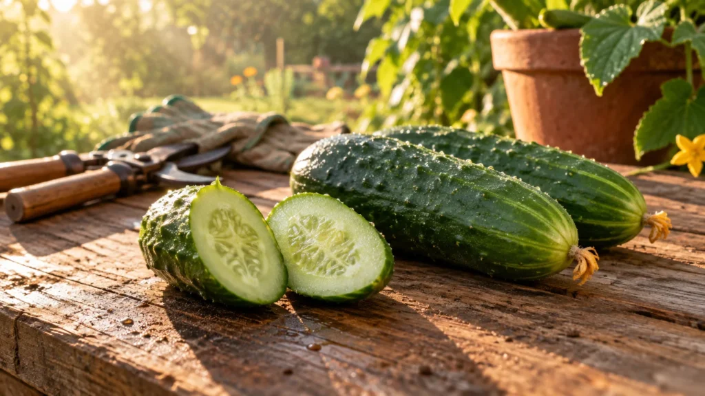 Fresh whole and sliced cucumbers on a wooden garden table next to pruning shears and gloves in sunlight.