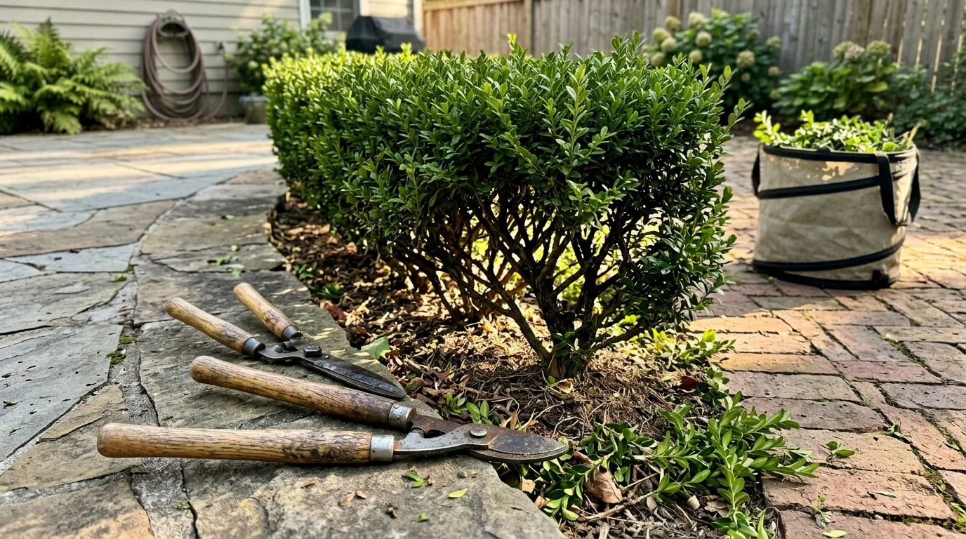 Hedge shears lying on stone pavers next to a trimmed boxwood hedge and a garden waste bag.