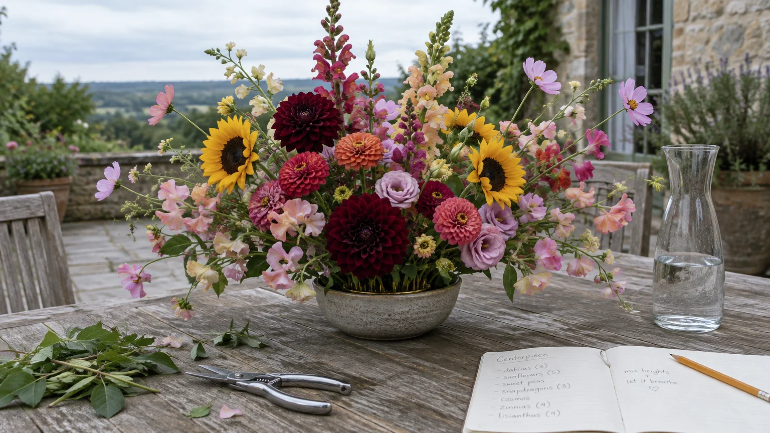 Colorful flower arrangement in a ceramic bowl on a wooden outdoor table, beside floral shears and an open notebook.