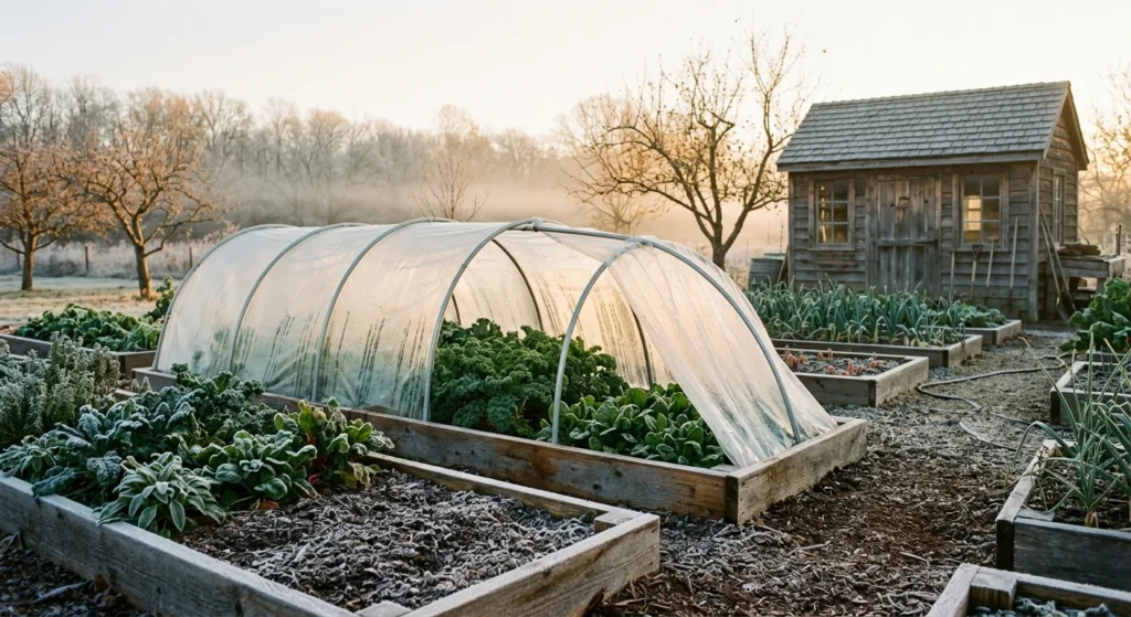 Frosty raised garden beds with a plastic hoop tunnel sheltering greens beside a rustic wooden shed at dawn.