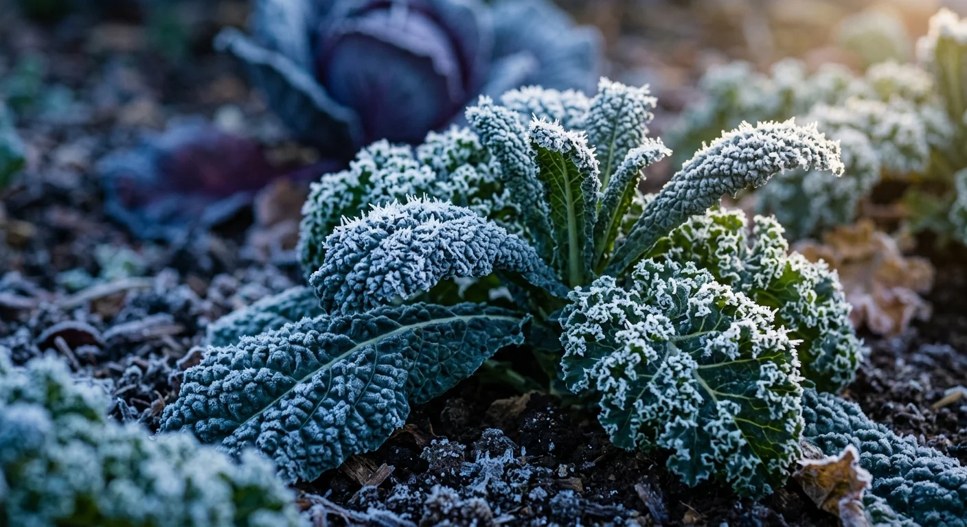 Frost crystals coating the crinkled green leaves of a kale plant growing in dark garden soil.