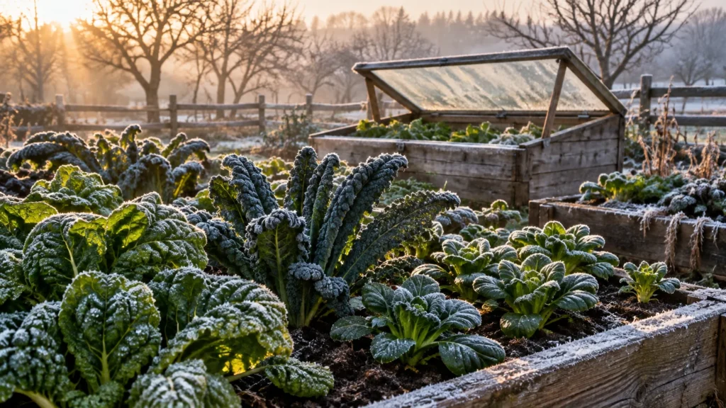 Frost-covered leafy greens and kale growing in wooden raised garden beds and a cold frame greenhouse at sunrise.