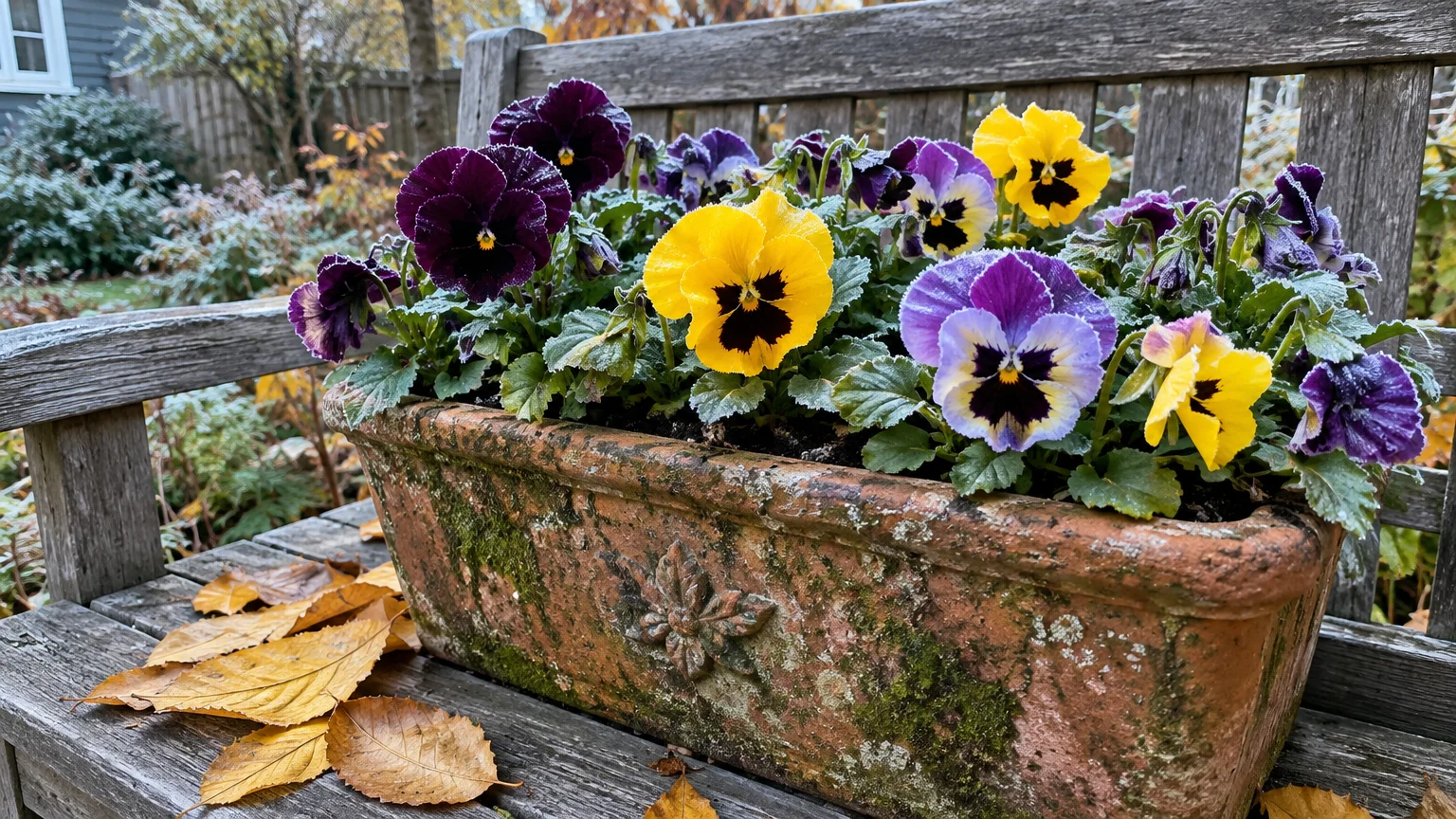 Frost-dusted purple and yellow pansies bloom in a mossy stone planter resting on a weathered wooden garden bench.
